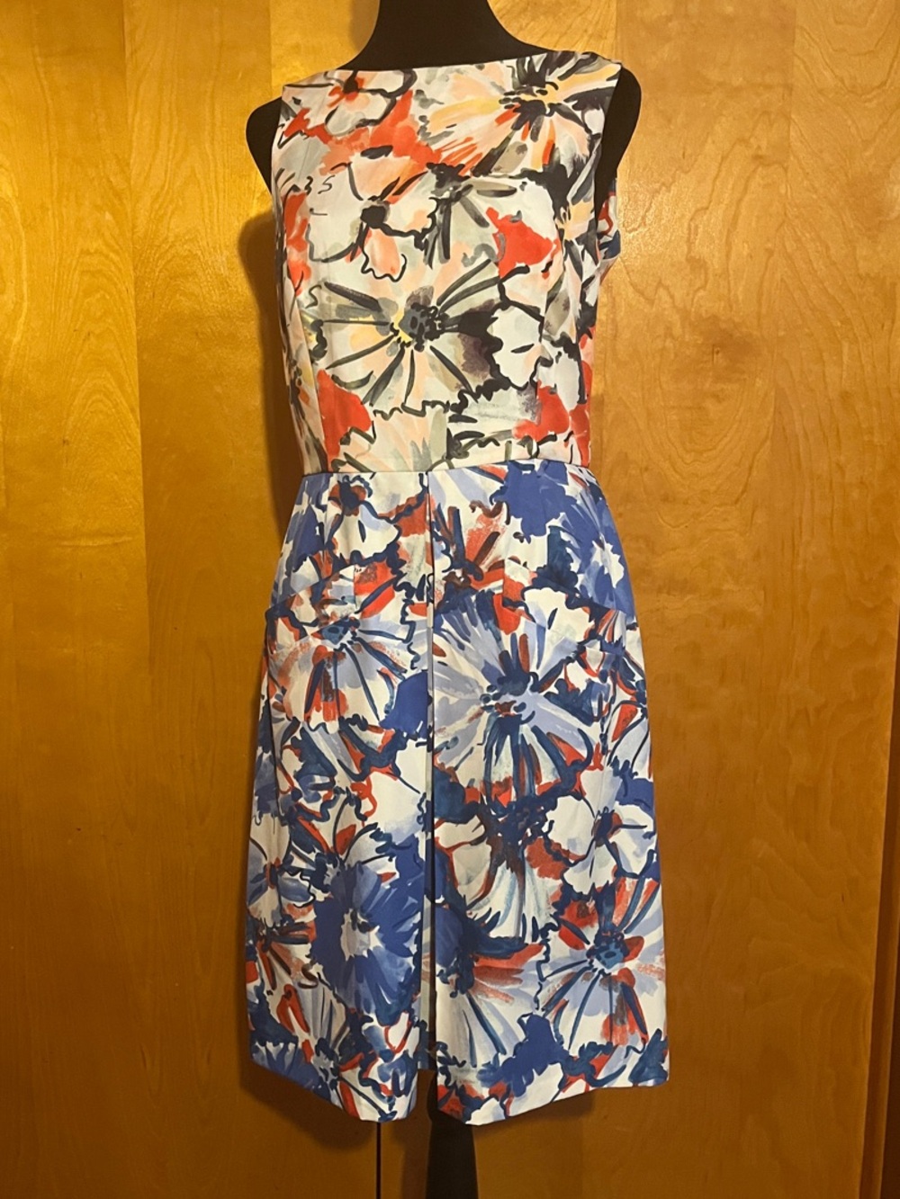 Donna Morgan Size 4 Floral Print Sleeveless Midi Dress in Blue, Coral & White
